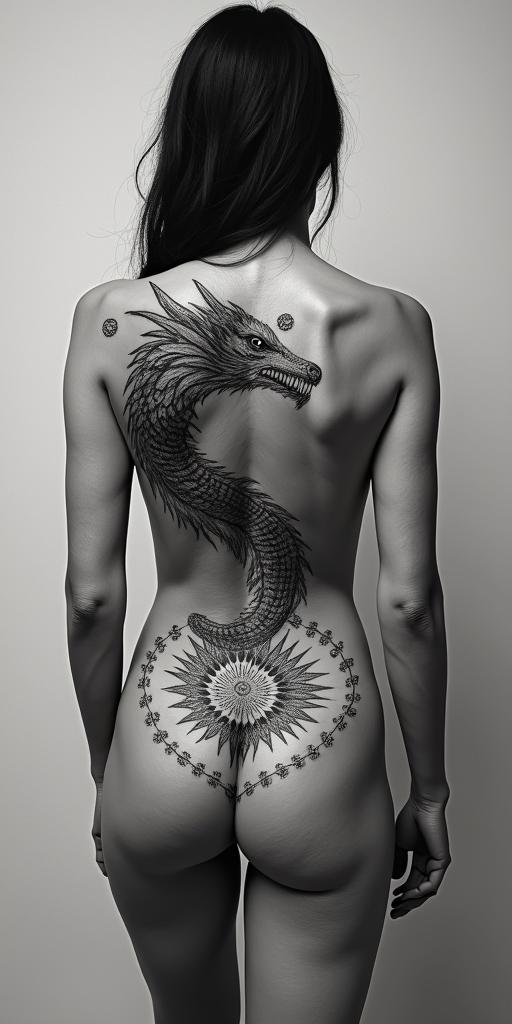 Dragonin paganic style tattoo, featuring ancient symbols, add vegvisir symbol, mystical figures, incorporating designs, pentagrams, runes, crescent moons, - Variation 3