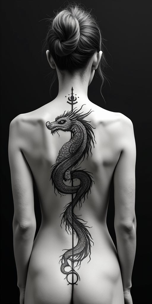 Dragonin paganic style tattoo, featuring ancient symbols, add vegvisir symbol, mystical figures, incorporating designs, pentagrams, runes, crescent moons, - Variation 2