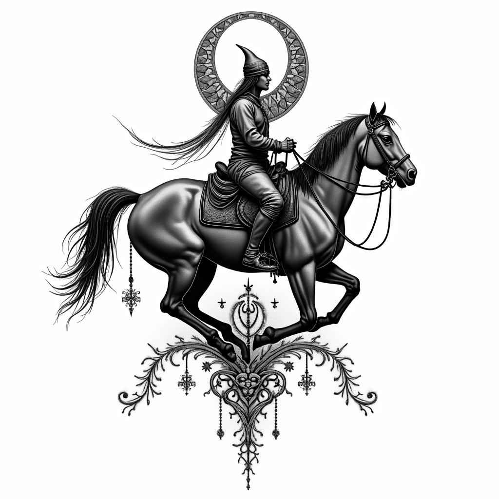 Western ridingin paganic style tattoo, featuring ancient symbols, add vegvisir symbol, mystical figures, incorporating designs, pentagrams, runes, crescent moons, - Variation 2