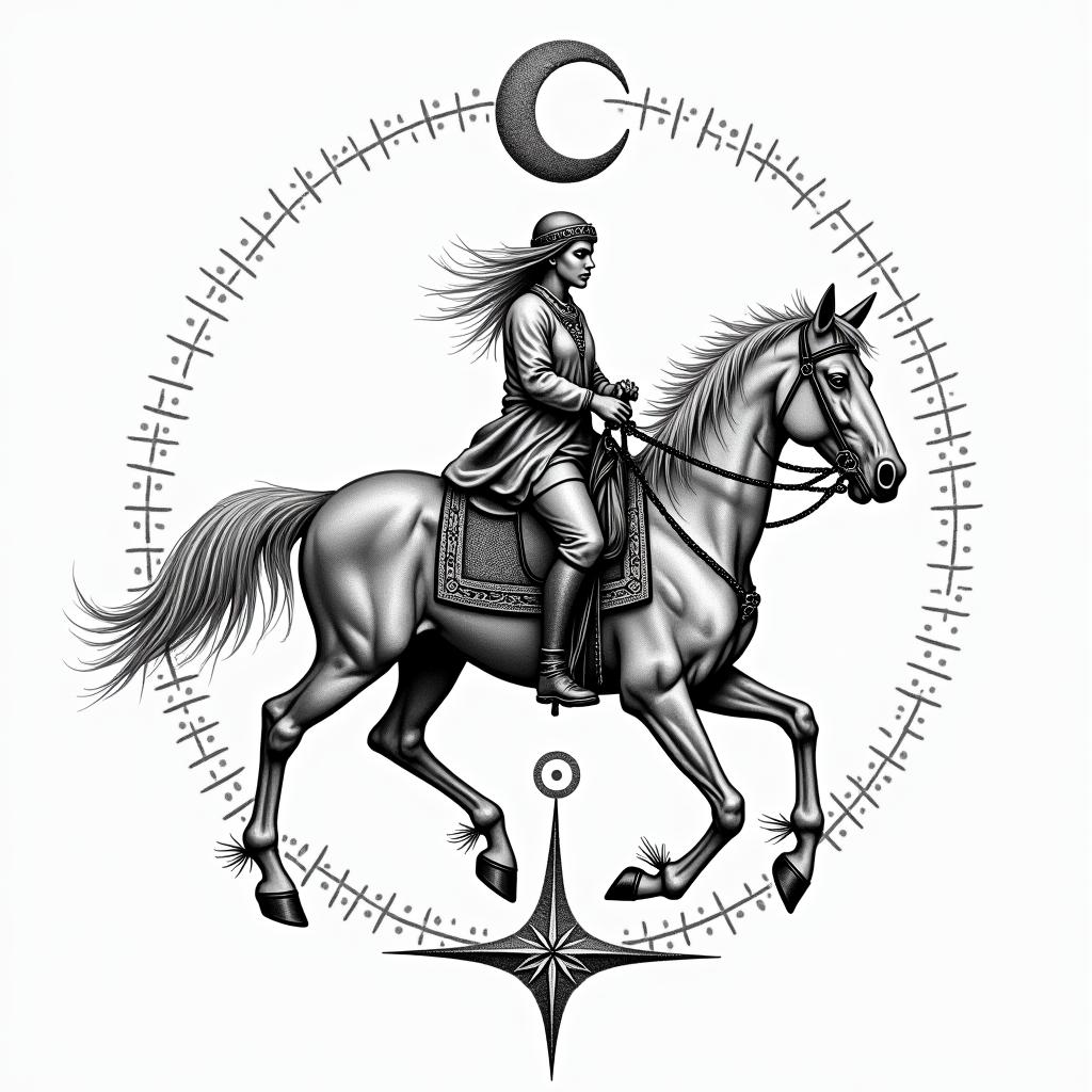Western ridingin paganic style tattoo, featuring ancient symbols, add vegvisir symbol, mystical figures, incorporating designs, pentagrams, runes, crescent moons,
