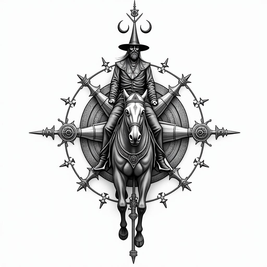 Western ridingin paganic style tattoo, featuring ancient symbols, add vegvisir symbol, mystical figures, incorporating designs, pentagrams, runes, crescent moons, - Variation 4