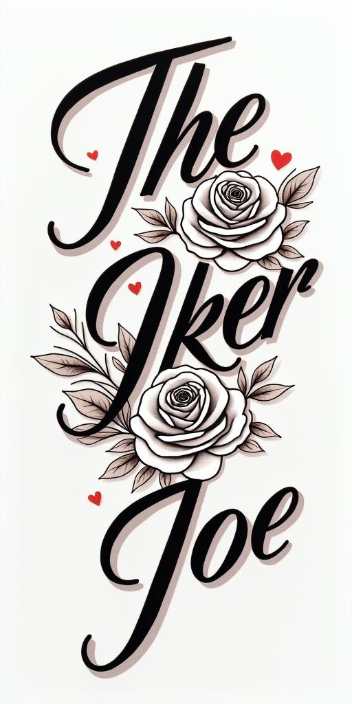 The Joker with a menacing
 smilein elegant cursive calligraphy style 2d tattoo, decorate with roses, featuring a smooth and flowing handwritten script with slightly thickened strokes for a luxurious and bold appearance,  heart symbol between names,  sleek and glossy black text with shadowing, minimalist matte white background, clean and sharp edges, illuminated with soft lighting, romantic, 8k, high-quality textures with refined typography