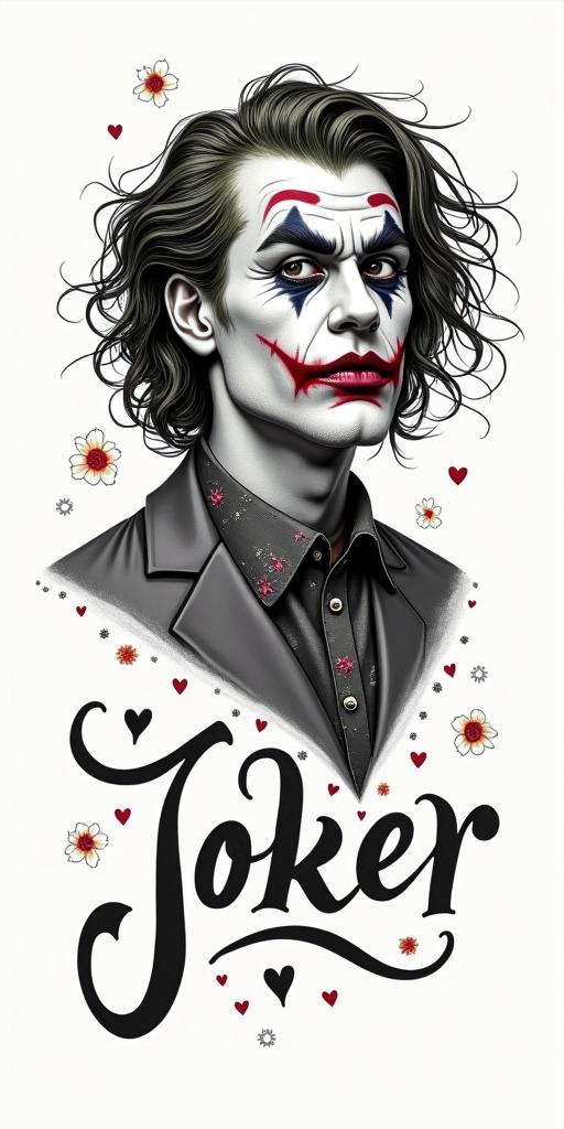 The Joker with a menacing
 smilein elegant cursive calligraphy style 2d tattoo, decorate with roses, featuring a smooth and flowing handwritten script with slightly thickened strokes for a luxurious and bold appearance,  heart symbol between names,  sleek and glossy black text with shadowing, minimalist matte white background, clean and sharp edges, illuminated with soft lighting, romantic, 8k, high-quality textures with refined typography - Variation 3