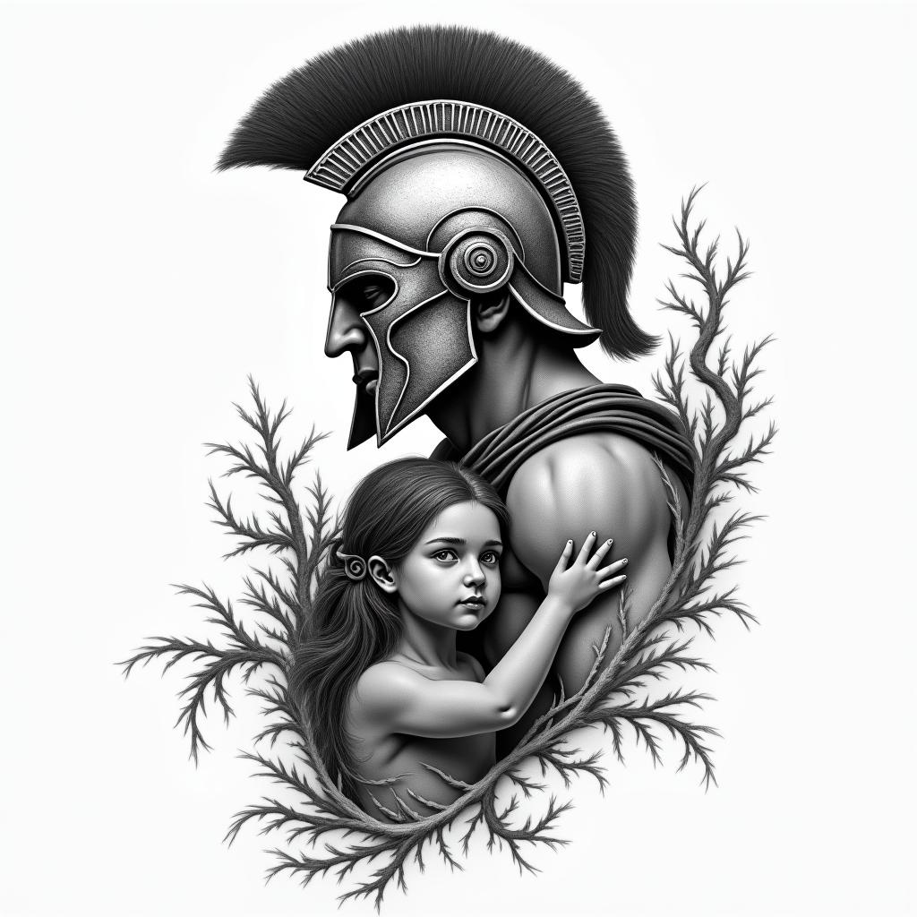 A powerful and protective Spartan warrior symbolizing strength and resilience, intertwined with elements representing love and connection to a six-year-old daughter named Anika. The design should convey a sense of overcoming adversity, reflecting the importance of family and personal growth after facing a health challenge.higly detailed tattoo - Variation 3