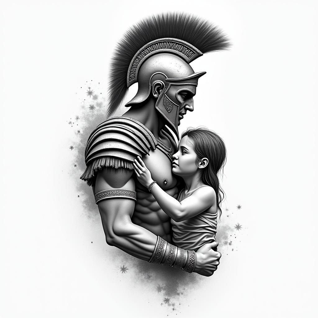 A powerful and protective Spartan warrior symbolizing strength and resilience, intertwined with elements representing love and connection to a six-year-old daughter named Anika. The design should convey a sense of overcoming adversity, reflecting the importance of family and personal growth after facing a health challenge.higly detailed tattoo