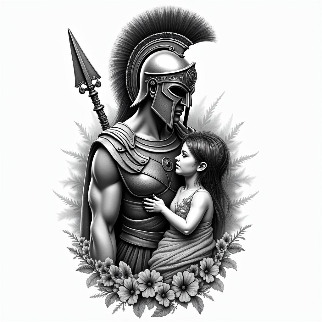 A powerful and protective Spartan warrior symbolizing strength and resilience, intertwined with elements representing love and connection to a six-year-old daughter named Anika. The design should convey a sense of overcoming adversity, reflecting the importance of family and personal growth after facing a health challenge.higly detailed tattoo - Variation 2