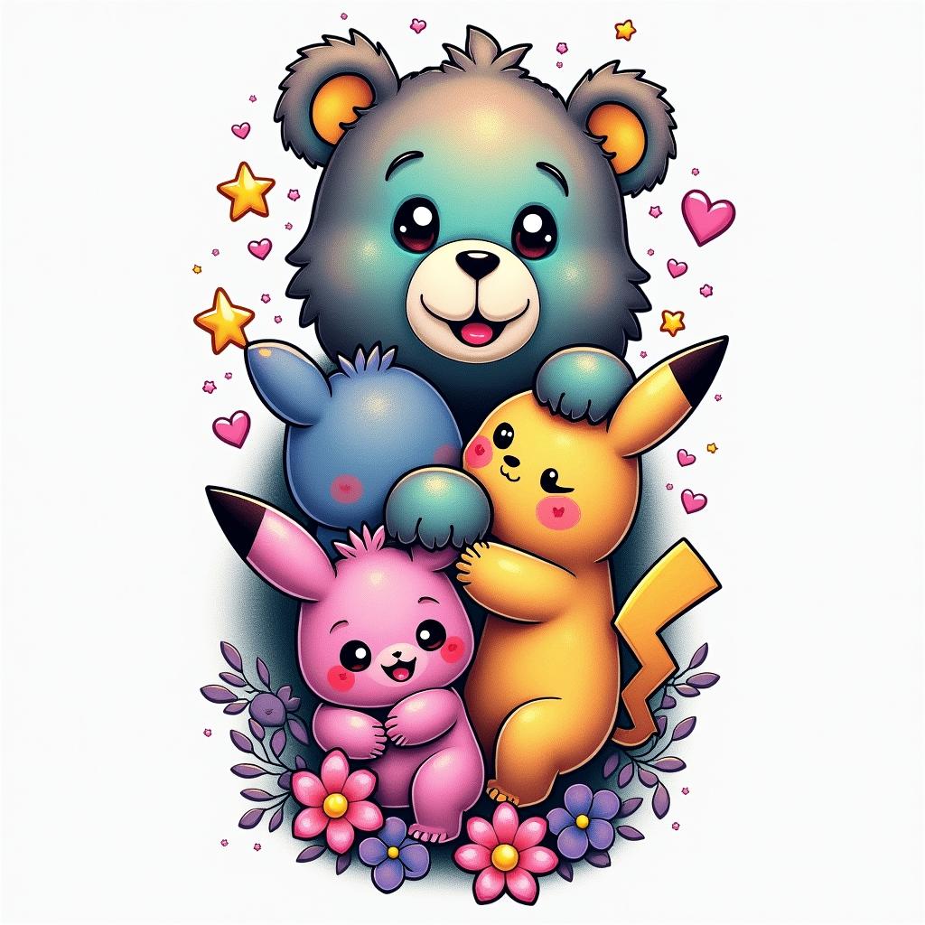 Create a tattoo sleeve using funshine, love a lot, and grumpy carebears, a gummy bear, Lisa frank, my little pony, kirlia the Pokémon, a cute pikachu, Kirby, dinosaurs, teal purple pink and yellow stars and hearts. Add all charactershigly detailed tattoo - Variation 4