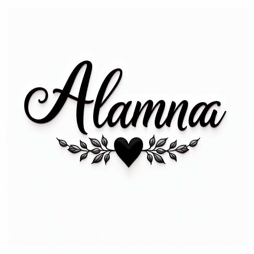 Alannain elegant cursive calligraphy style 2d tattoo, decorate with roses, featuring a smooth and flowing handwritten script with slightly thickened strokes for a luxurious and bold appearance,  heart symbol between names,  sleek and glossy black text with shadowing, minimalist matte white background, clean and sharp edges, illuminated with soft lighting, romantic, 8k, high-quality textures with refined typography - Variation 5