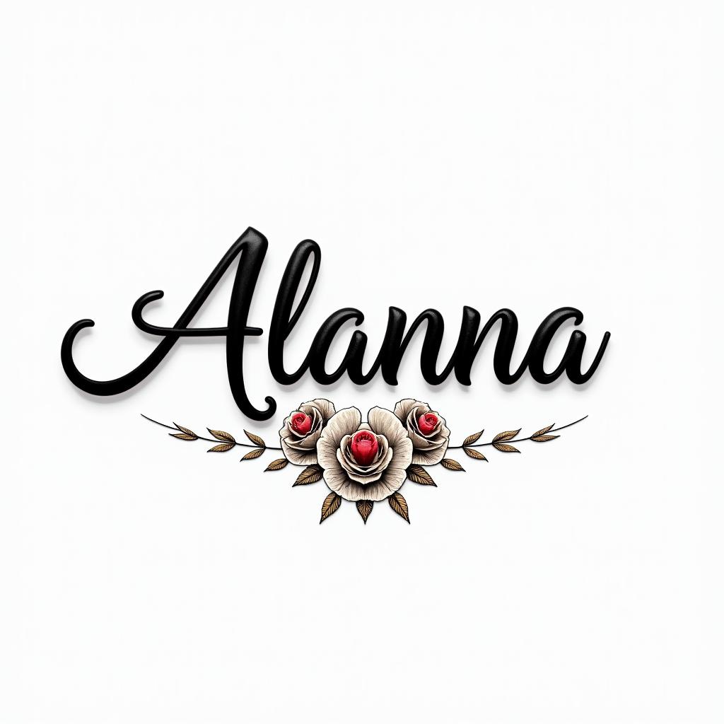 Alannain elegant cursive calligraphy style 2d tattoo, decorate with roses, featuring a smooth and flowing handwritten script with slightly thickened strokes for a luxurious and bold appearance,  heart symbol between names,  sleek and glossy black text with shadowing, minimalist matte white background, clean and sharp edges, illuminated with soft lighting, romantic, 8k, high-quality textures with refined typography - Variation 7