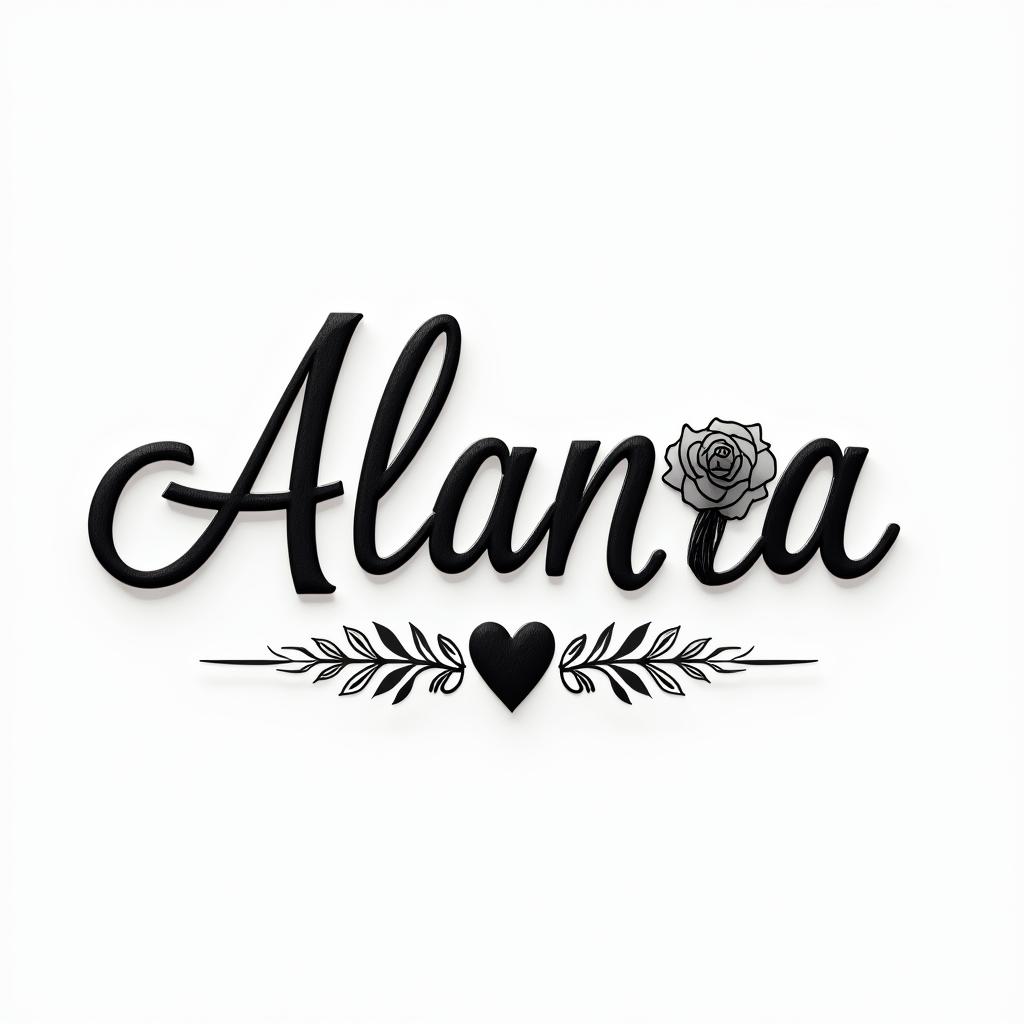 Alannain elegant cursive calligraphy style 2d tattoo, decorate with roses, featuring a smooth and flowing handwritten script with slightly thickened strokes for a luxurious and bold appearance,  heart symbol between names,  sleek and glossy black text with shadowing, minimalist matte white background, clean and sharp edges, illuminated with soft lighting, romantic, 8k, high-quality textures with refined typography - Variation 6
