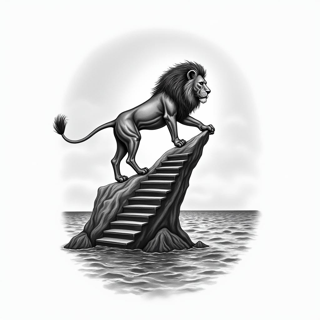 A lion climbing a floating staircase at sunset on the beach in blackwork style.higly detailed tattoo