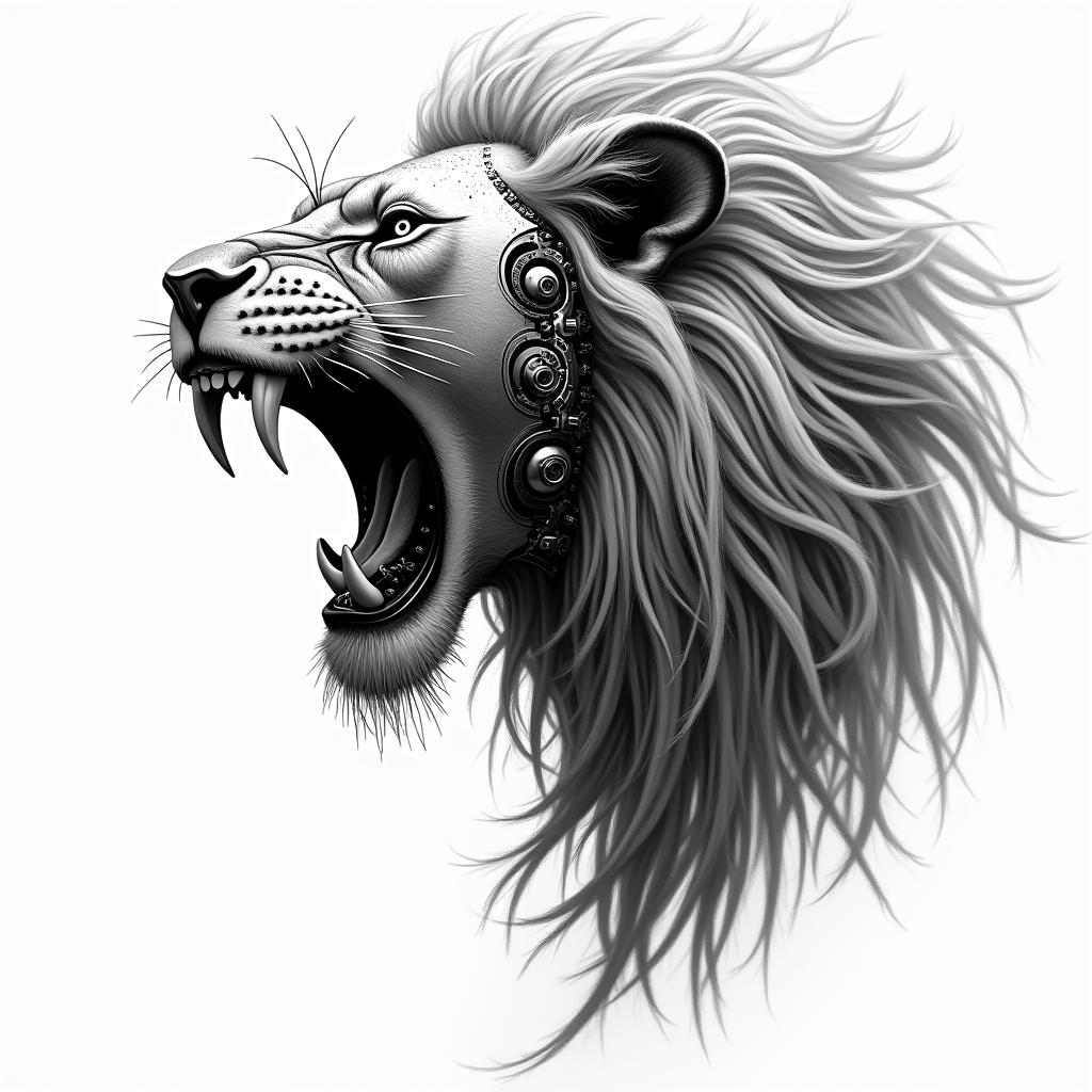 Roaring lion with a flowing manetattoo in biomechanic style, the tattoo covered by robotic elements of futuristic cyberpunk design, robotic features detail, showcasing intricate mechanical components