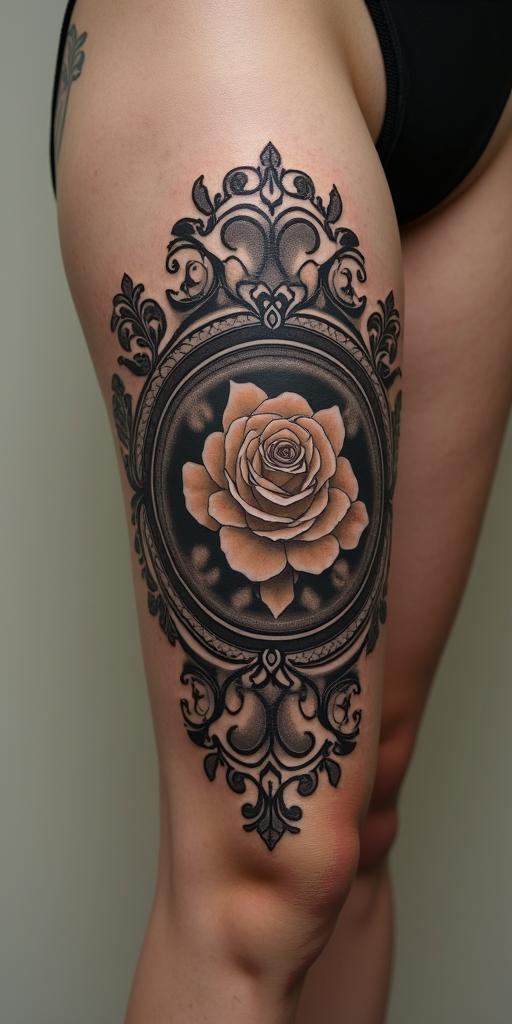 Ochoa family crestin victorian style tattoo, featuring vintage and elegant elements, ornate frames, roses, antique, sepia-toned color scheme