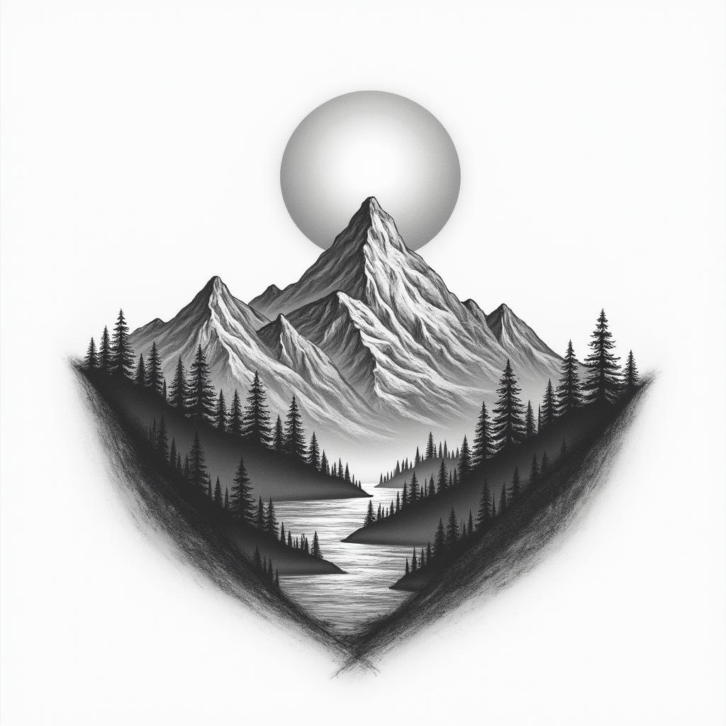 Mountain range with a rising sunhigly detailed tattoo