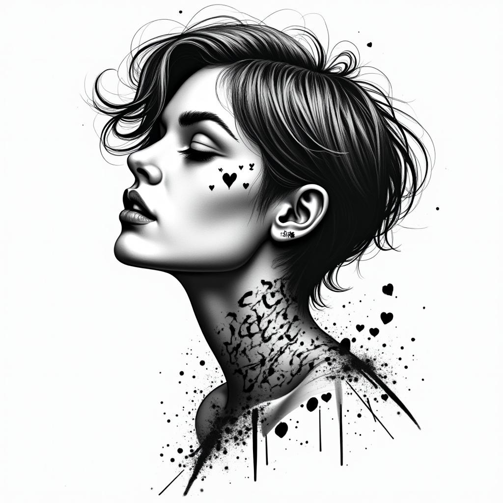 Short hair, Gemini sign, female, autumn.in graffiti style tattoo, featuring bold and dynamic street art elements, spray-paint texture with exaggerated lines and expressive, chaotic brushstrokes, intricate lettering incorporated with graffiti tags, symbols like hearts, stars, and wings