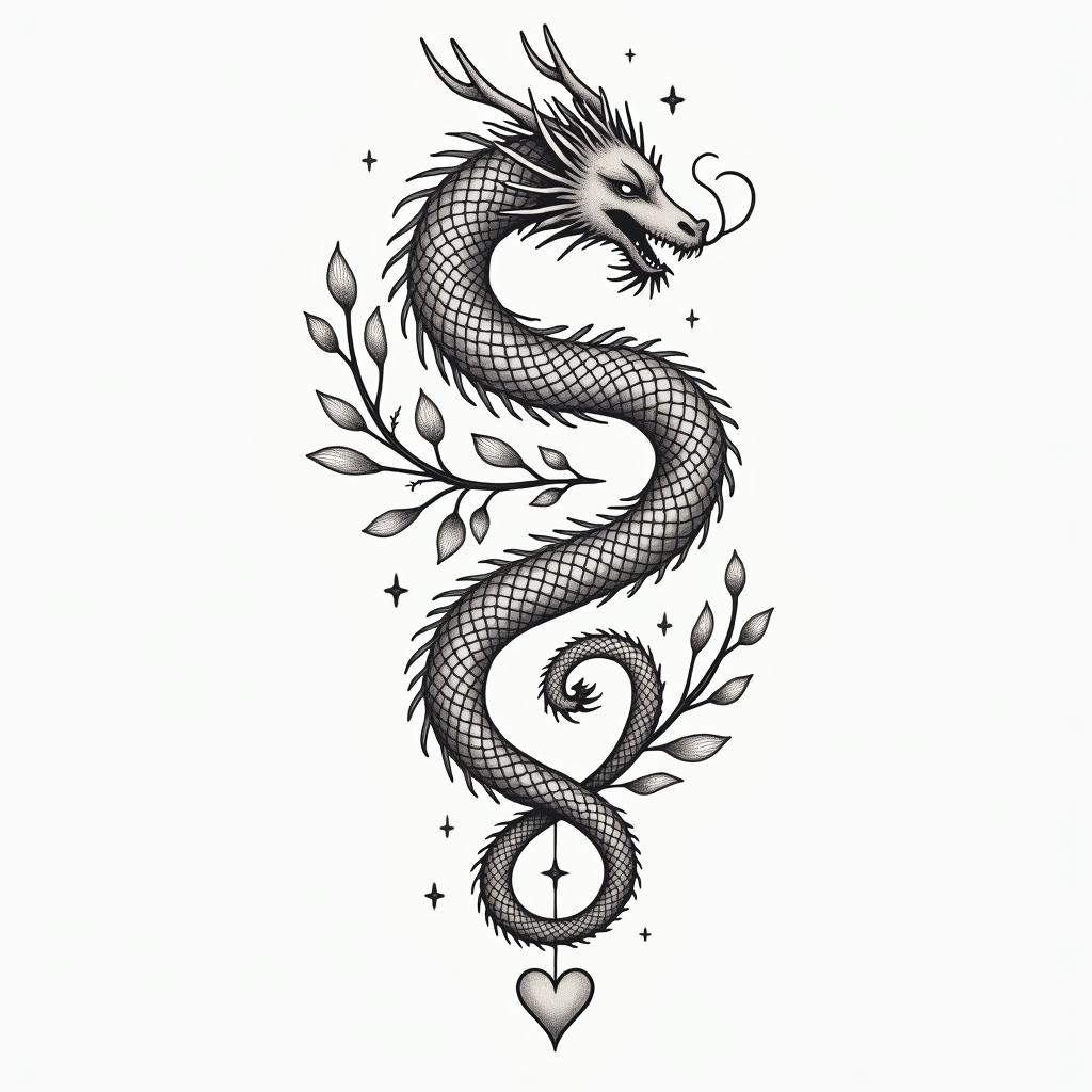 Dragonin Modest style tattoo, featuring soft, delicate line work with simple and meaningful symbols, gentle waves, a heart, evoking a sense of serenity and grace, - Variation 3