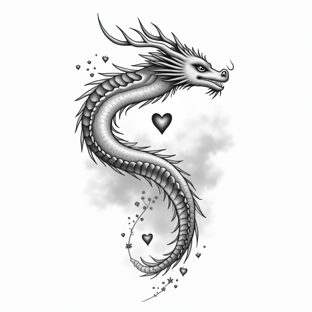Dragonin Modest style tattoo, featuring soft, delicate line work with simple and meaningful symbols, gentle waves, a heart, evoking a sense of serenity and grace, - Variation 4