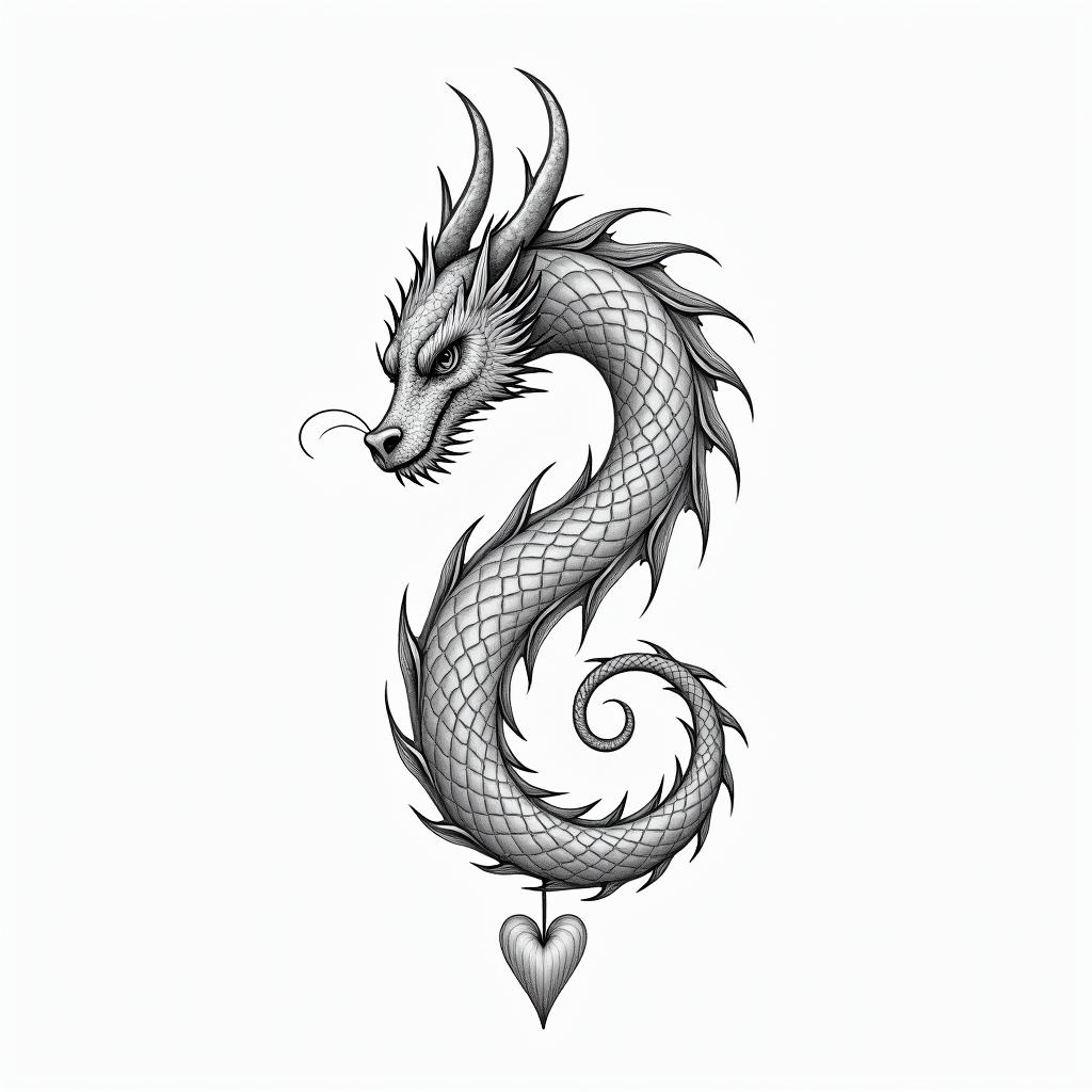 Dragonin Modest style tattoo, featuring soft, delicate line work with simple and meaningful symbols, gentle waves, a heart, evoking a sense of serenity and grace, - Variation 2