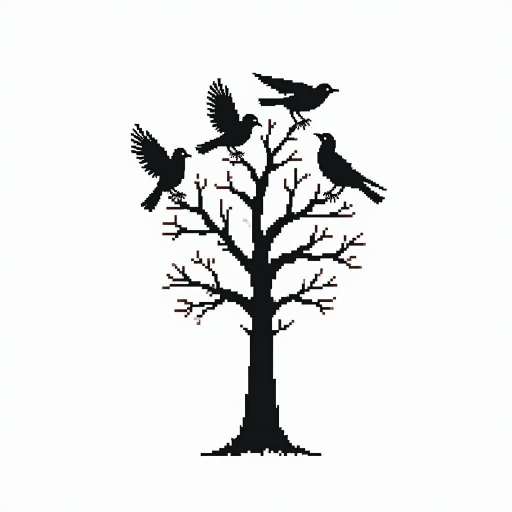 Tree with crowsin 8-bit tattoo style, minimalistic pixel style tattoo, pixel art with simplified shapes and retro gaming visuals, inspired by 8-bit pixel based detailing - Variation 3
