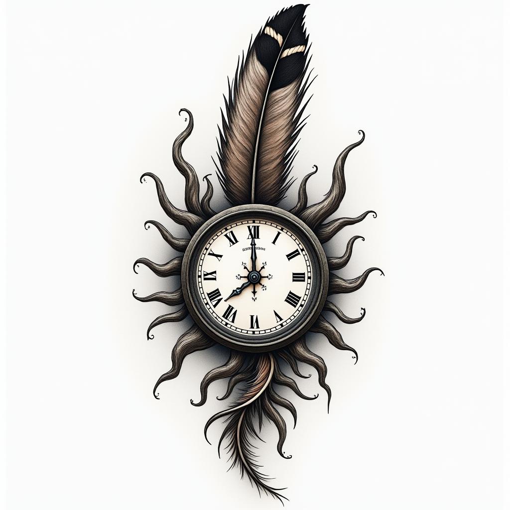 Clock, pheasant feather, horse shoes, colorhigly detailed tattoo