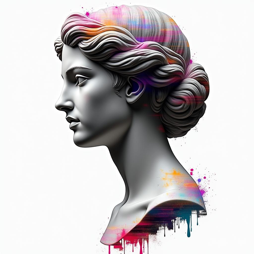 Sofia daughterin distorted and fragmented tattoo design, featuring a classical statue bust, in a glitch art style with vibrant, overlapping colors of cyan, magenta, and yellow, creating a digital distortion effect - Variation 2