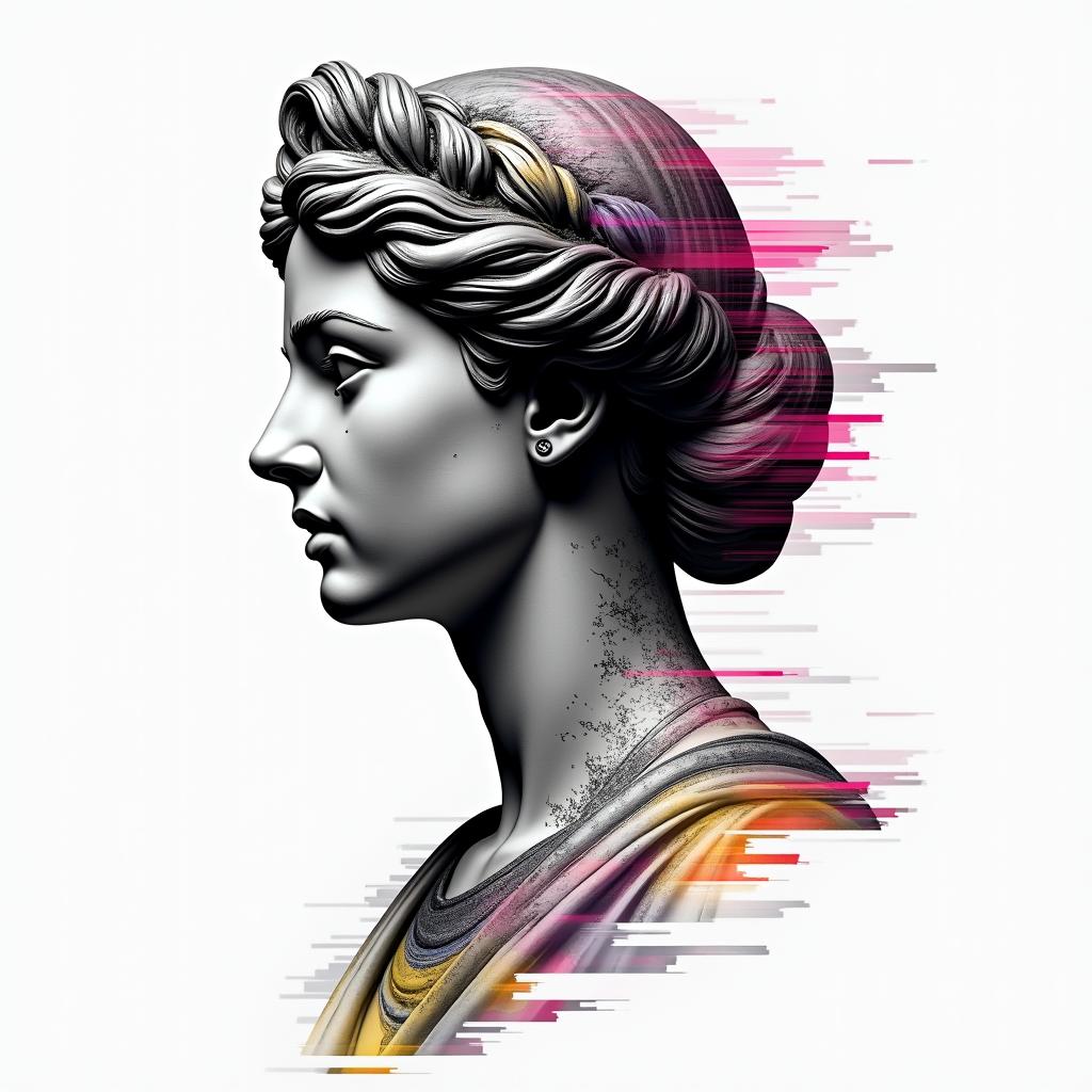 Sofia daughterin distorted and fragmented tattoo design, featuring a classical statue bust, in a glitch art style with vibrant, overlapping colors of cyan, magenta, and yellow, creating a digital distortion effect - Variation 3