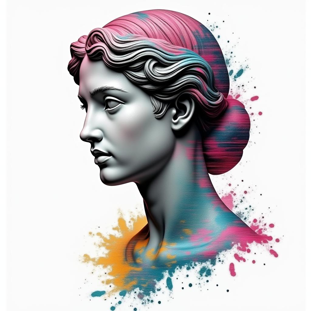 Sofia daughterin distorted and fragmented tattoo design, featuring a classical statue bust, in a glitch art style with vibrant, overlapping colors of cyan, magenta, and yellow, creating a digital distortion effect - Variation 4