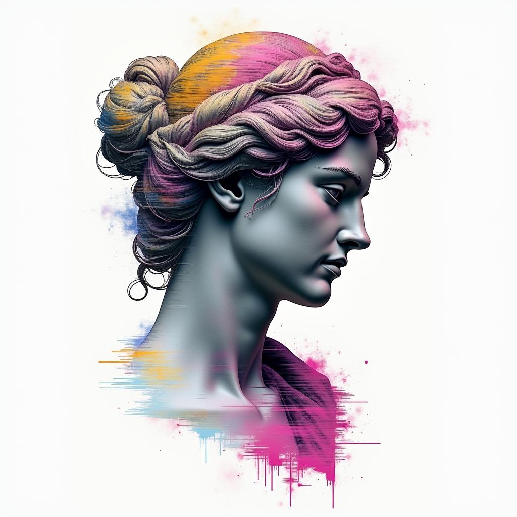 Sofia daughterin distorted and fragmented tattoo design, featuring a classical statue bust, in a glitch art style with vibrant, overlapping colors of cyan, magenta, and yellow, creating a digital distortion effect