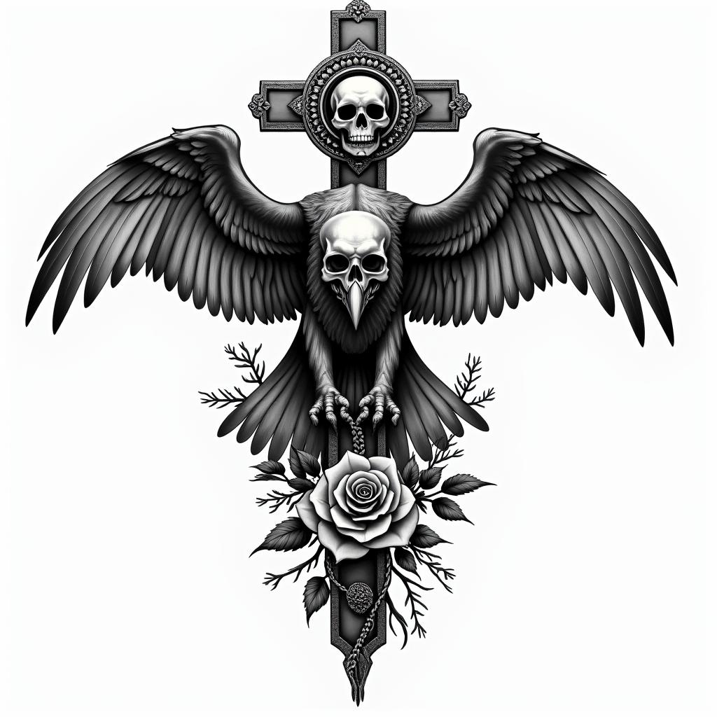 Hawkin chicano style tattoo, featuring intricate black and grey shading, bold elements of traditional chicano culture symbols, add a big cross with skull, chains and roses - Variation 3