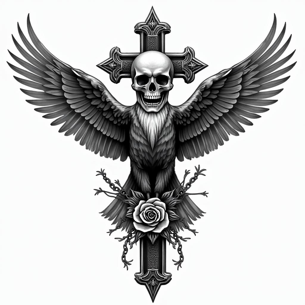 Hawkin chicano style tattoo, featuring intricate black and grey shading, bold elements of traditional chicano culture symbols, add a big cross with skull, chains and roses - Variation 4