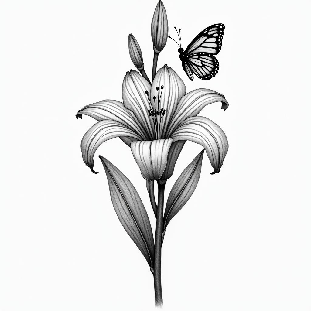 Lily of the valley with butterflyhigly detailed tattoo - Variation 3