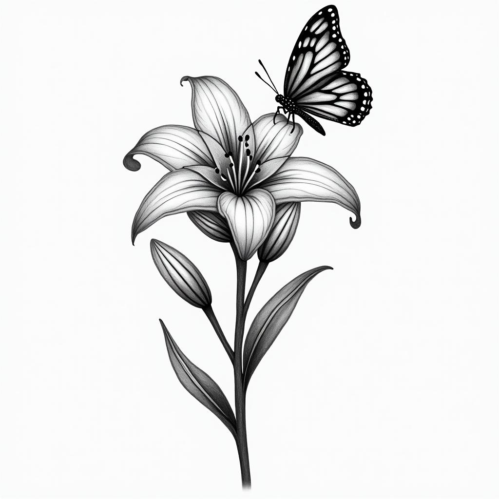 Lily of the valley with butterflyhigly detailed tattoo