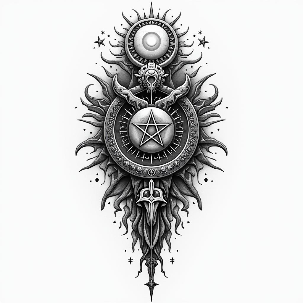 Danilo, Leo, Flintin paganic style tattoo, featuring ancient symbols, add vegvisir symbol, mystical figures, incorporating designs, pentagrams, runes, crescent moons,