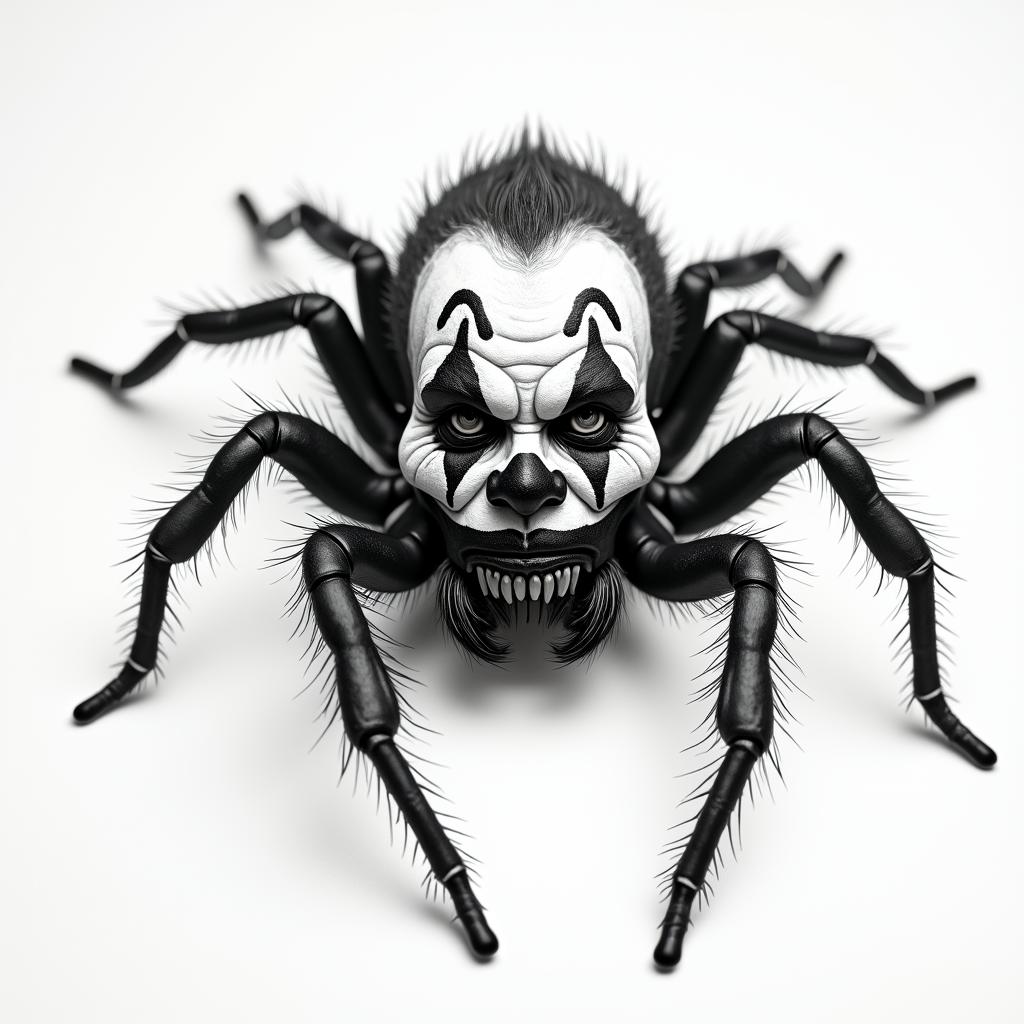 Spider with a clown facein portrait tattoo style, featuring a highly realistic and detailed depiction 