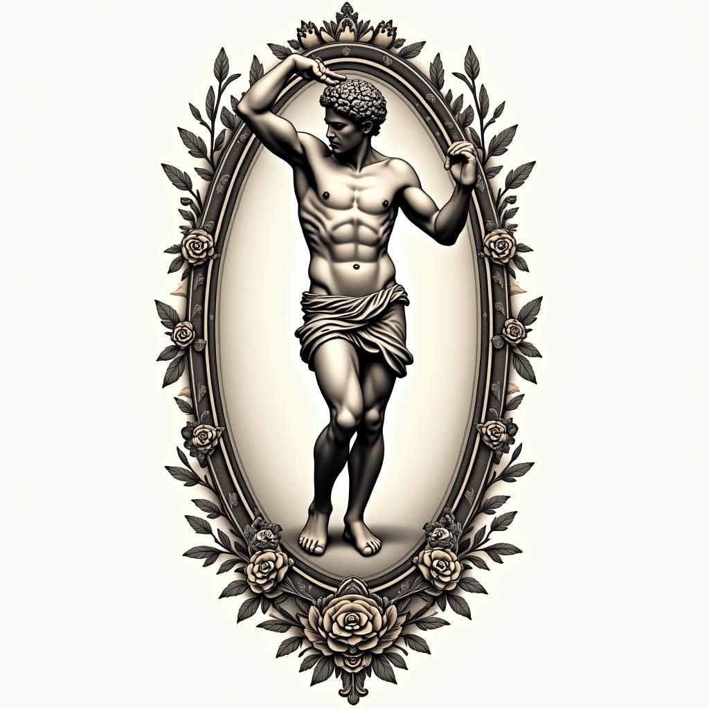 Greek god
Atlas holding brain upin victorian style tattoo, featuring vintage and elegant elements, ornate frames, roses, antique, sepia-toned color scheme - Variation 3