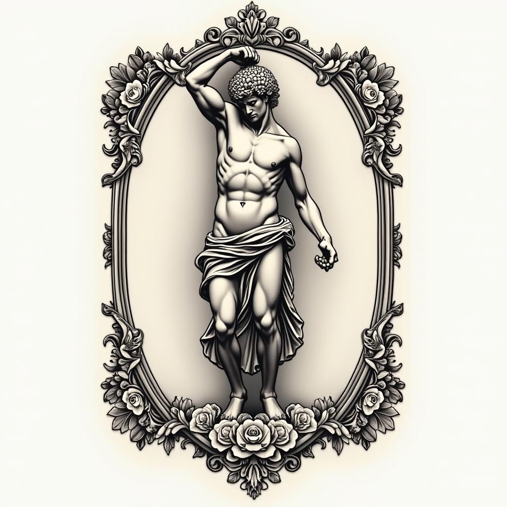 Greek god
Atlas holding brain upin victorian style tattoo, featuring vintage and elegant elements, ornate frames, roses, antique, sepia-toned color scheme - Variation 2