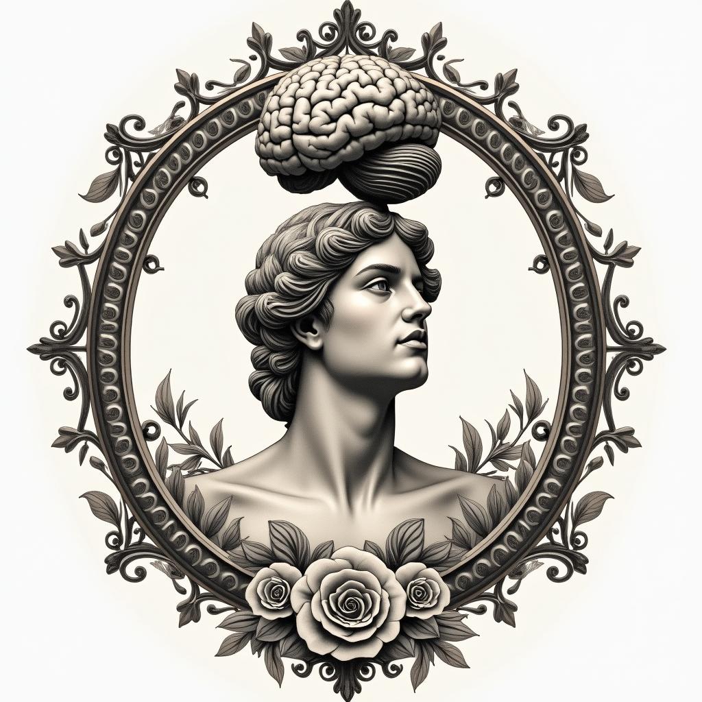 Greek god
Atlas holding brain upin victorian style tattoo, featuring vintage and elegant elements, ornate frames, roses, antique, sepia-toned color scheme