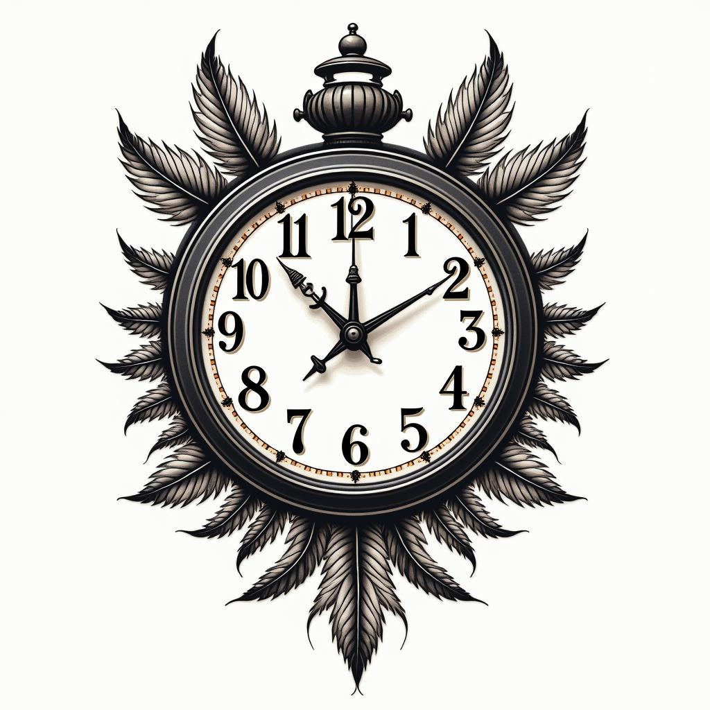 Clock, pheasant feather, horse shoes, colorin authentic tattoo style, incorporating traditional modifications, bold black outlines, solid color fills, featuring classic authentic elements - Variation 2