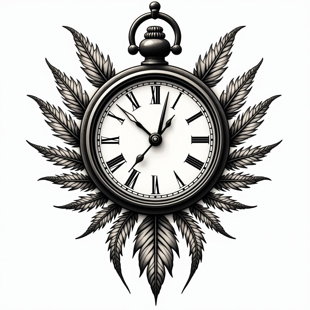 Clock, pheasant feather, horse shoes, colorin authentic tattoo style, incorporating traditional modifications, bold black outlines, solid color fills, featuring classic authentic elements