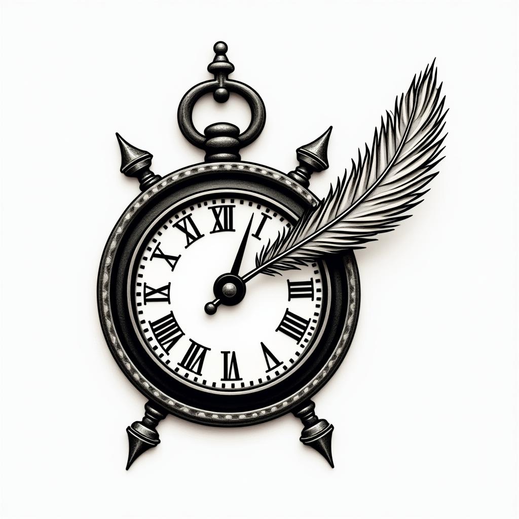 Clock, pheasant feather, horse shoes, colorin authentic tattoo style, incorporating traditional modifications, bold black outlines, solid color fills, featuring classic authentic elements - Variation 3