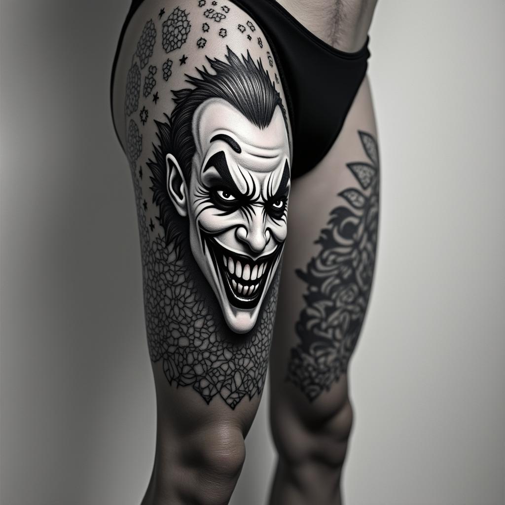 The Joker with a menacing smilein dotwork style tattoo, complex mandala patterns, interlocking geometric shapes with sharp symmetry, clean lines, sharp angles