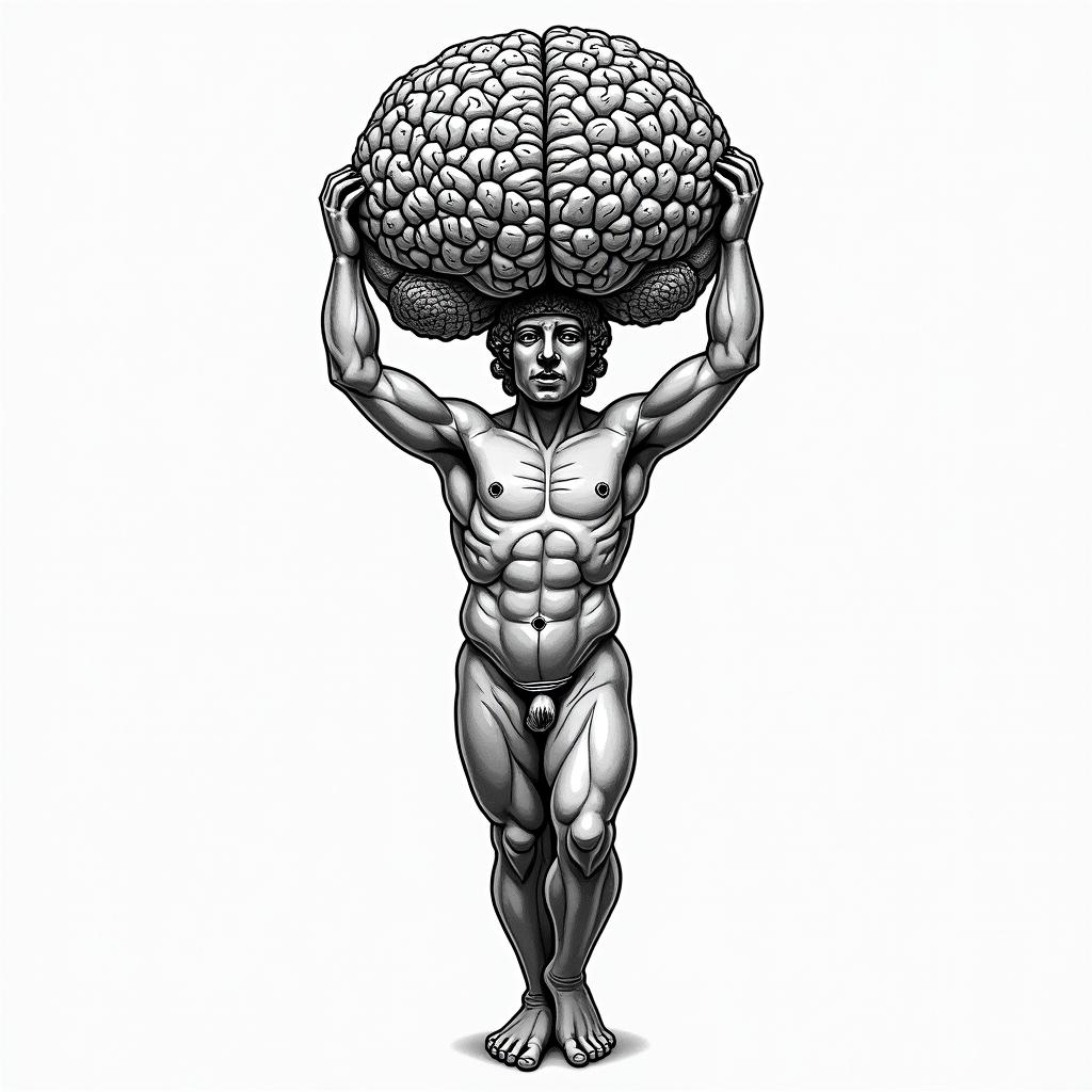 Greek god
Atlas holding brain up in geometric style tattoo, blending hexagons, mandala-inspired patterns, symmetrical and fractal design, clean lines, sharp angles - Variation 6