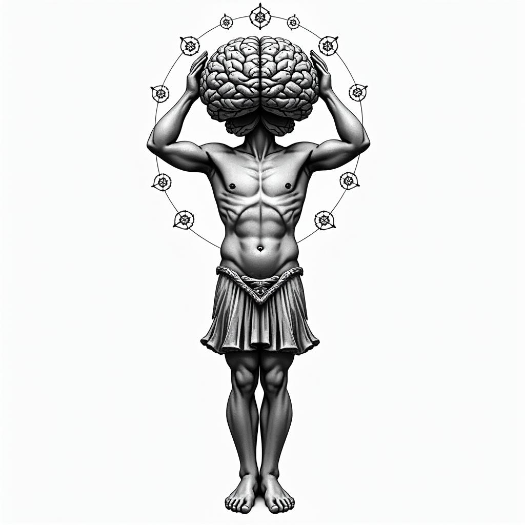 Greek god
Atlas holding brain up in geometric style tattoo, blending hexagons, mandala-inspired patterns, symmetrical and fractal design, clean lines, sharp angles - Variation 5