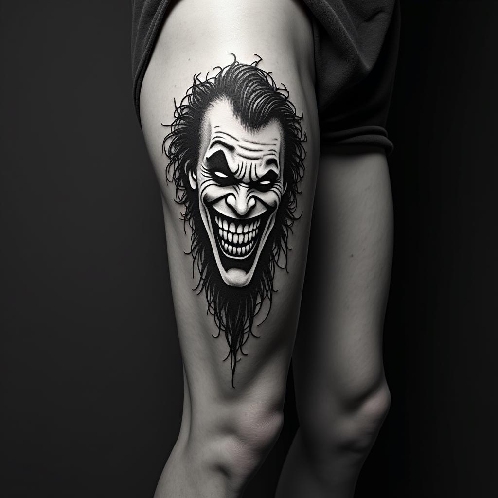 The Joker with a menacing smiletext-based tattoo, gothic font ultra-realistic, perfectly placed, high-quality font design, photo-realistic shading, 8k, high quality, finely detailed typography - Variation 3