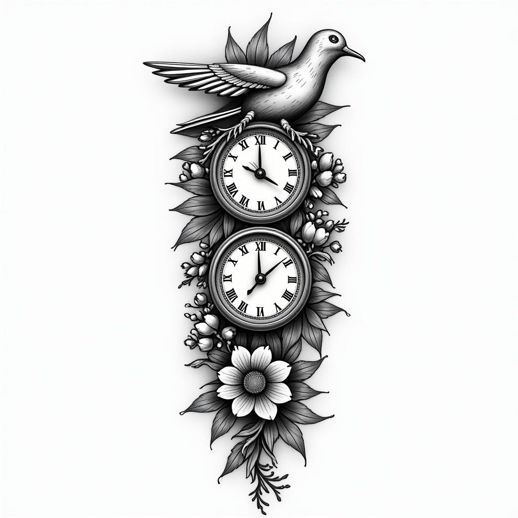 Full sleeve flower compass clock and flying dovehigly detailed tattoo - Variation 3