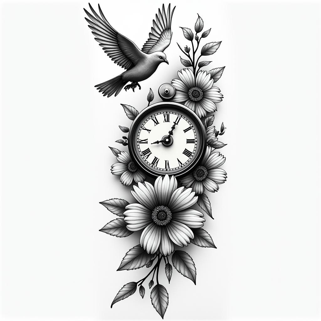 Full sleeve flower compass clock and flying dovehigly detailed tattoo - Variation 2