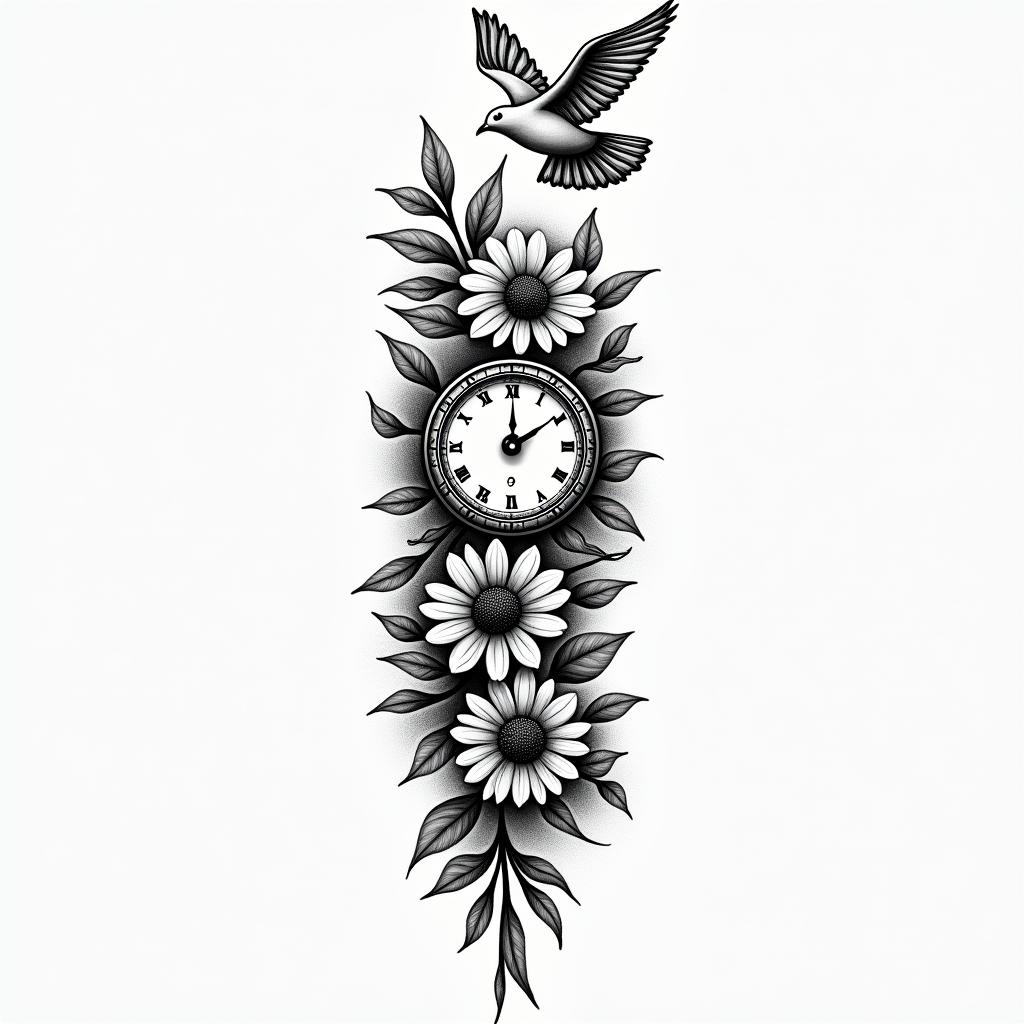 Full sleeve flower compass clock and flying dovehigly detailed tattoo
