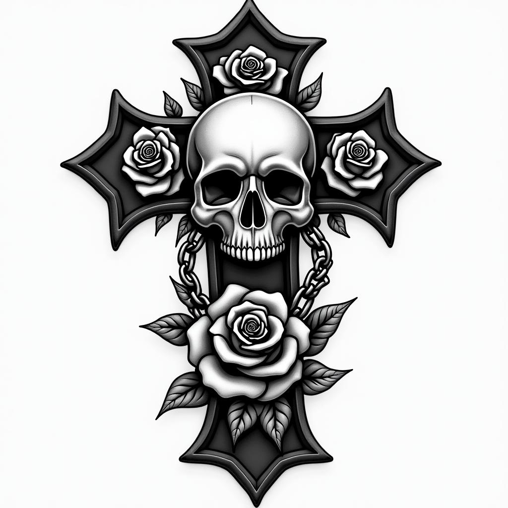 Love me for who I amin chicano style tattoo, featuring intricate black and grey shading, bold elements of traditional chicano culture symbols, add a big cross with skull, chains and roses - Variation 2