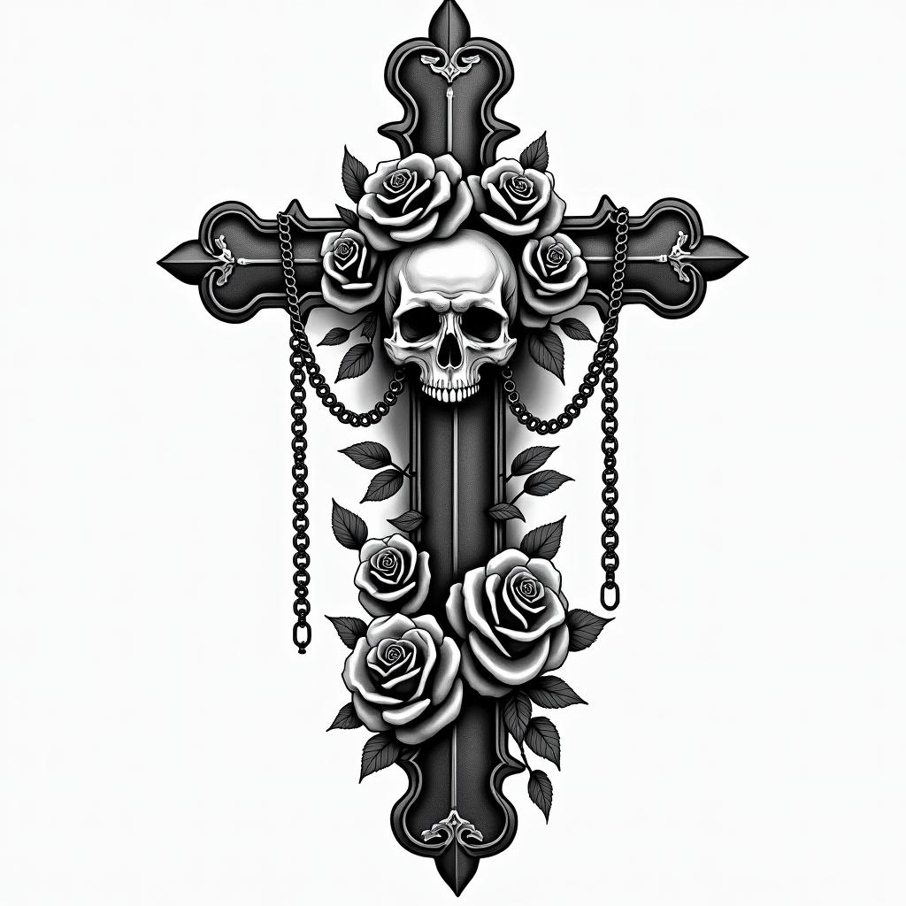 Love me for who I amin chicano style tattoo, featuring intricate black and grey shading, bold elements of traditional chicano culture symbols, add a big cross with skull, chains and roses