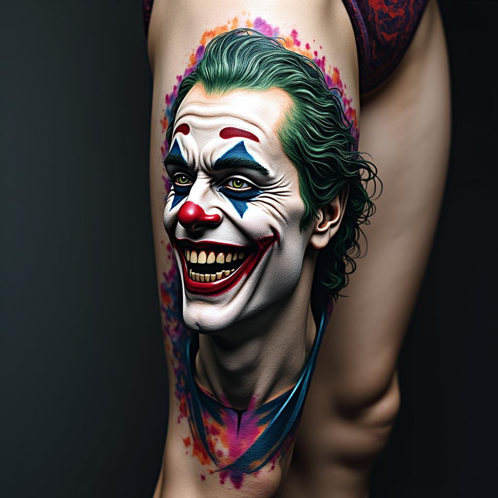 The Joker with a menacing smilein distorted and fragmented tattoo design, featuring a classical statue bust, in a glitch art style with vibrant, overlapping colors of cyan, magenta, and yellow, creating a digital distortion effect - Variation 2